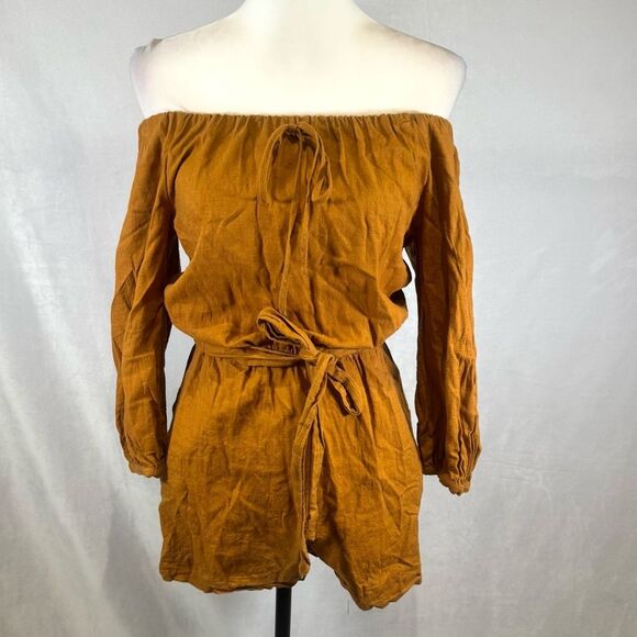 Gianni Bini burnt orange rust long sleeve off shoulder linen blend romper XS - Picture 1 of 6